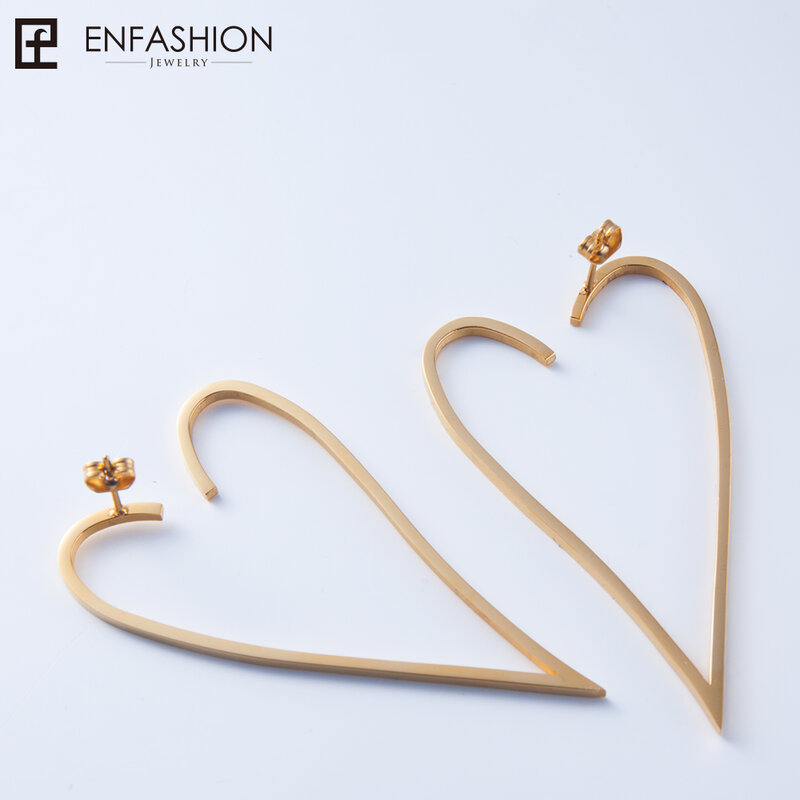 Enfashion مجوهرات هندسية كبيرة القلب أقراط الذهب اللون الفولاذ المقاوم للصدأ انخفاض الأقراط الطويلة للنساء خواتم EB171037