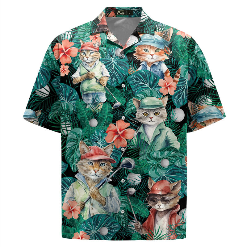 قميص هاواي بطباعة ثلاثية الأبعاد للرجال ، حيوان ، قطة ، راكون ، ديناصور ، زر ، طية صدر السترة ، أكمام قصيرة ، ملابس ألوها