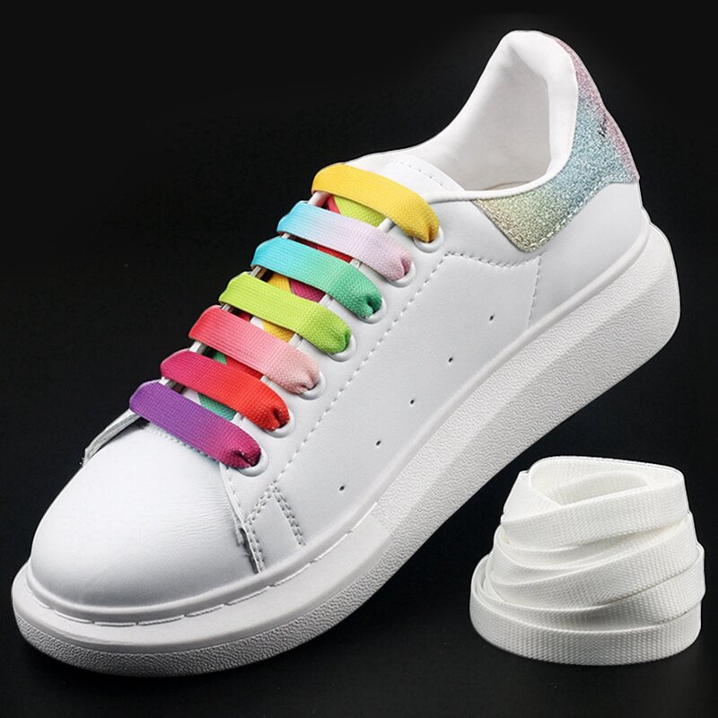 أربطة أحذية بألوان قوس قزح متدرجة للجنسين ، أحذية بيضاء كاجوال كلاسيكية MCQ ، أربطة مسطحة ، حياكة دقيقة ، من من 6 ألوان
