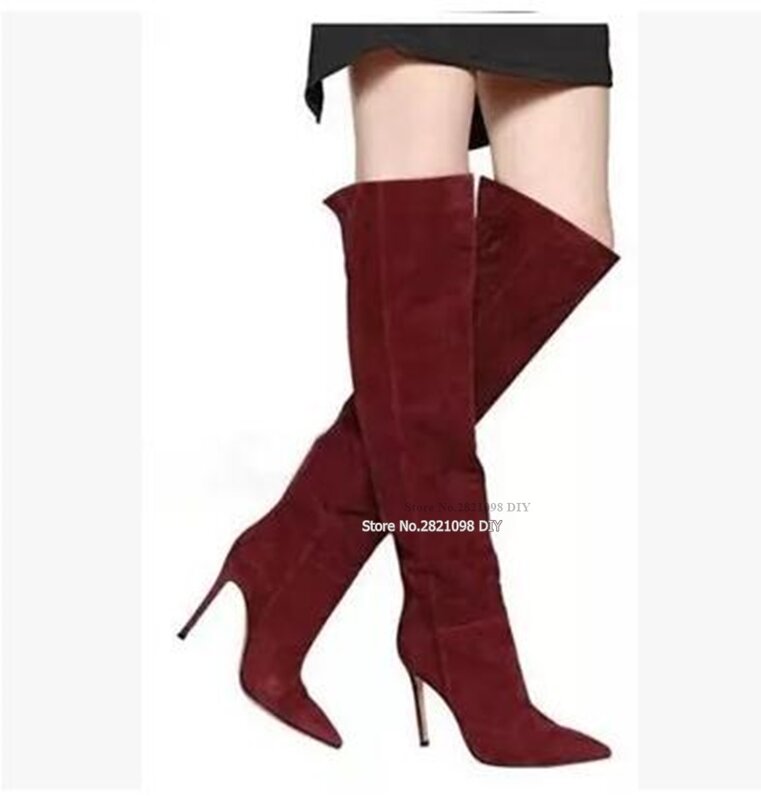 الشتاء الساخن بيع فوق الركبة الأحذية النبيذ الأحمر الجلد المدبوغ أحذية عالية الكعب امرأة أشار تو الفخذ أحذية عالية الأحذية الجلدية