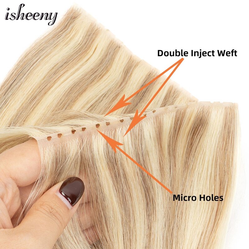 وصلات شعر بشري لحمة ثقب XO مزدوجة الحقن ، 16 "-24" ، علامة تبويب مزدوجة غير مرئية ، طبيعية مستقيمة ، سحب من خلال الشعر الصغير