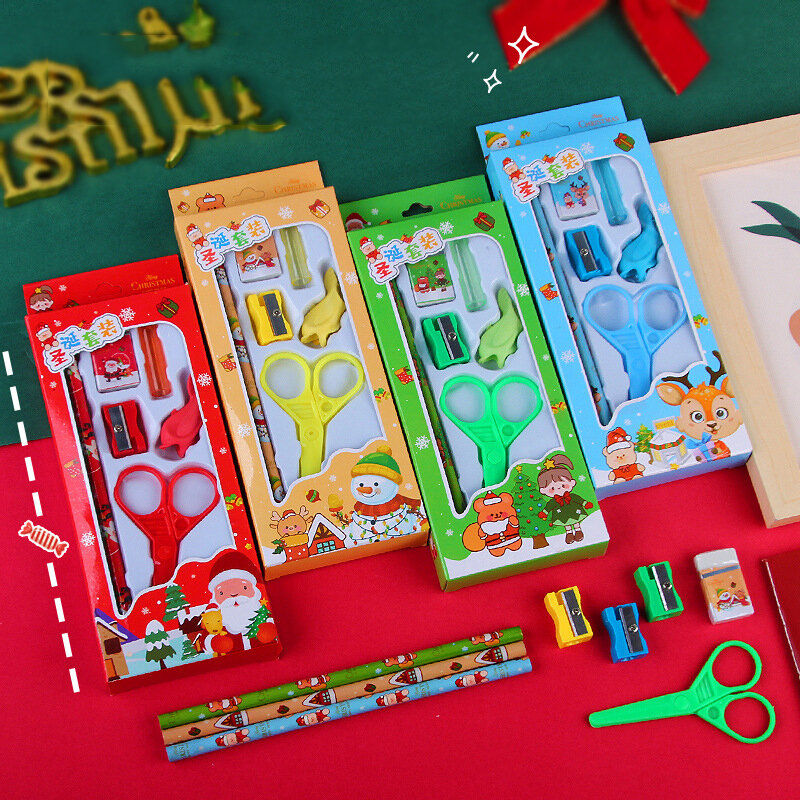 عيد الميلاد القرطاسية هدية صندوق للأطفال ، اللوازم المدرسية ، مجموعة قلم رصاص ، أدوات قطع الورق ، طالب ، 6 قطعة