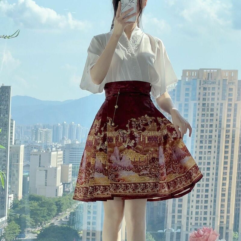 تنورة هانفو معدلة ، على الطراز الصيني غير الرسمي ، جميلة وعصرية ، مطبوعة عالية الخصر ، صيف الشارع