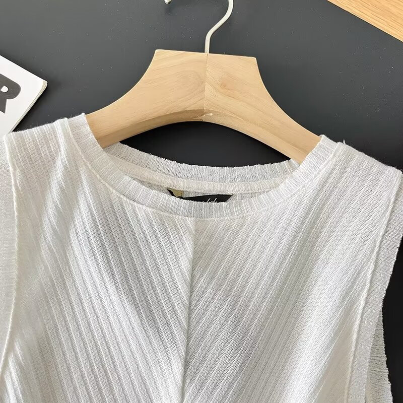 Keyanketian-بلوزة نسائية من الكتان بدون أكمام ، صدرية بلوفر رفيعة ، ياقة دائرية ، قميص قصير بسيط ، زخرفة عقدة أمامية ، موضة الإطلاق الجديدة ،