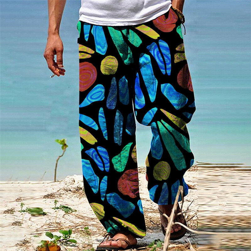 بنطال رجالي بأرجل واسعة مطبوع ثلاثي الأبعاد ، سراويل فضفاضة غير رسمية ، أزياء عطلة الشاطئ ، الصيف