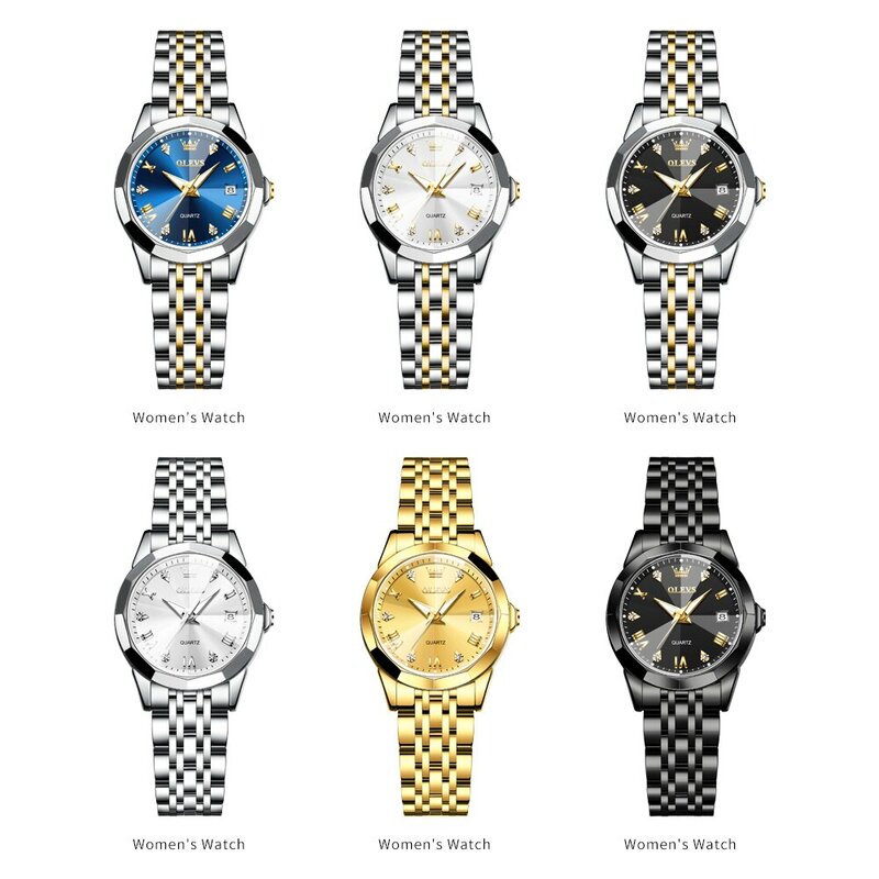 OLEVS-ساعة يد كوارتز مقاوم للماء من الفولاذ المقاوم للصدأ للنساء ، ساعات أنيقة ، مرآة المعين ، الماس الأصلي ، العلامة التجارية العليا