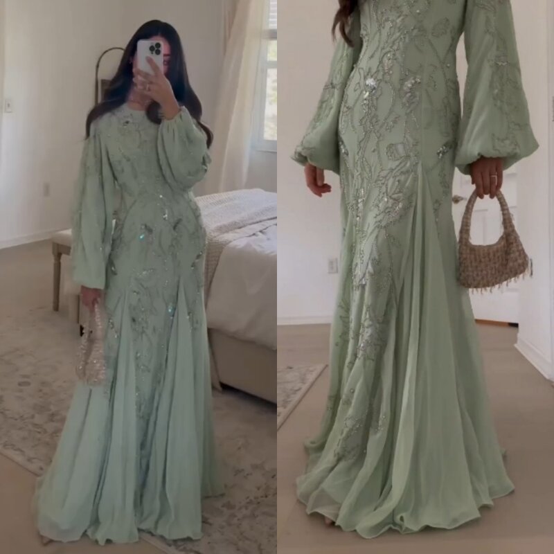 فستان سهرة شيفون ، فستان حفلة موسيقية مع الديكور ، نمط حورية البحر ، رقبة مستديرة ، للشاطئ ، المملكة العربية السعودية