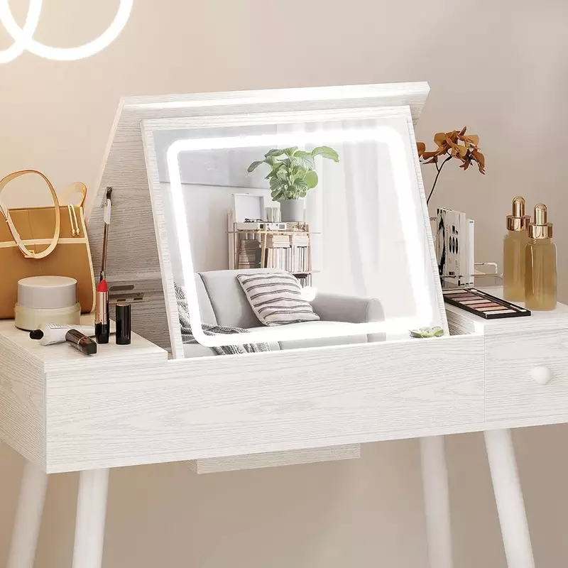 زينة مكياج مع مرآة مضاءة بإضاءة LED ، أثاث منزلي أسود ، مجموعة مكتب تزيين ، منفذ طاقة لغرفة النوم ، الحمام