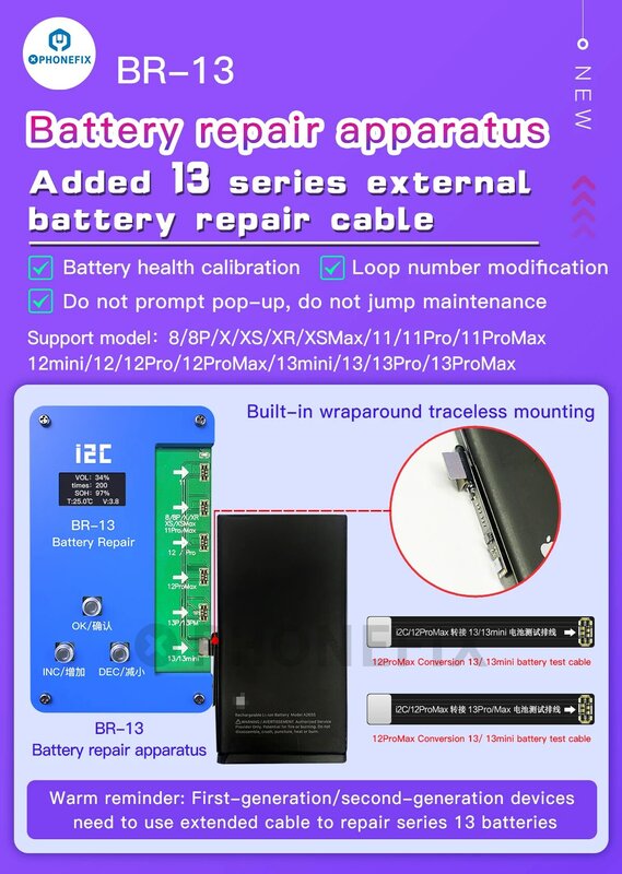 I2C BR-11 13 بطارية مصحح بيانات بطارية إصلاح الكابلات المرنة 100% إصلاح غير حقيقية بطارية تحذير خطأ آيفون 11-14Pro ماكس