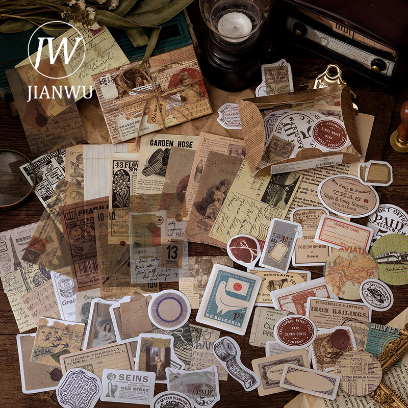 JIANWU 60 قطعة ملصقات إطار الفن خمر متعددة المواد ورق للكتابة سكرابوكينغ الديكور يوميات ملصقات Kawaii القرطاسية