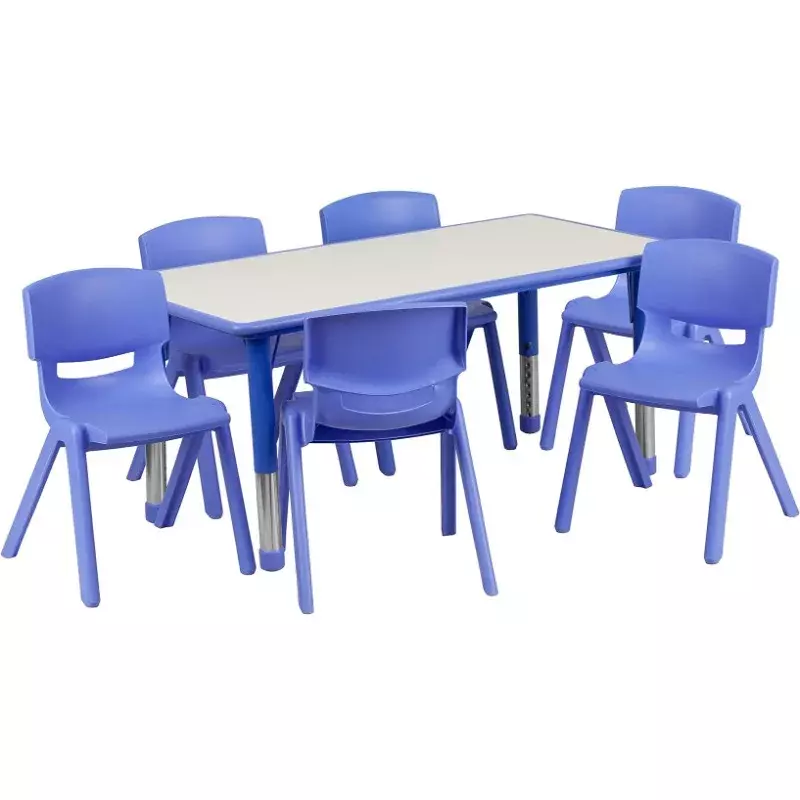 مجموعة طاولة نشاط بارتفاع بلاستيكي قابل للتعديل ، مستطيلة ، زرقاء ، 6 كراسي ، \ \ \ \ \ w x our \ l