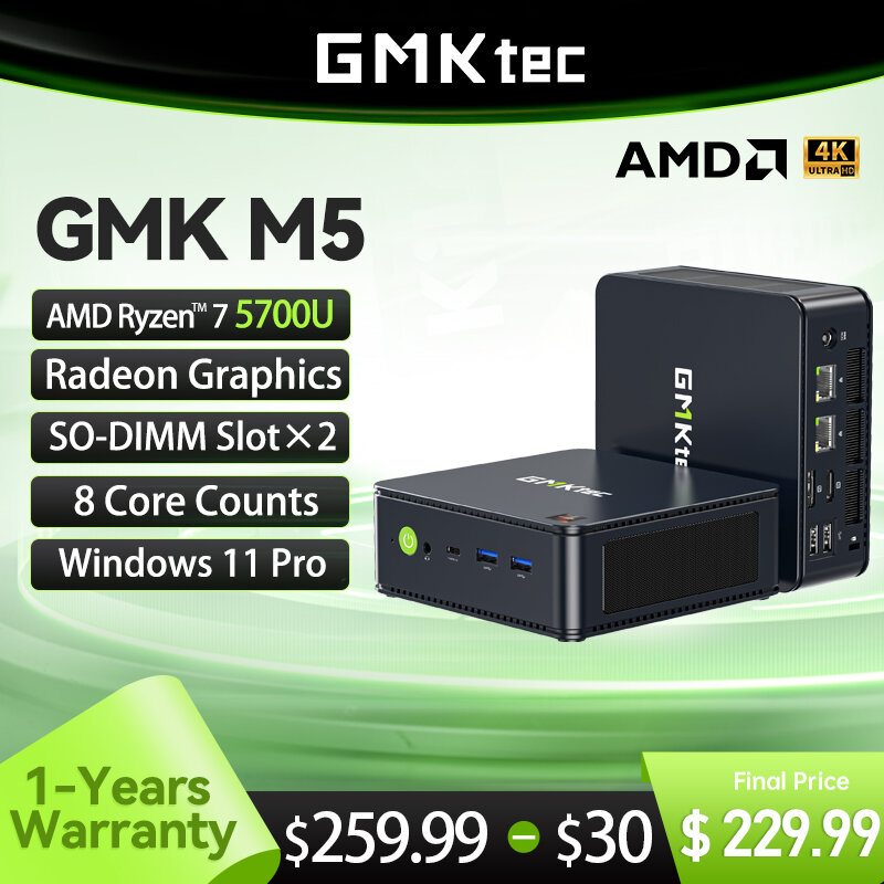 كمبيوتر صغير GMKtec مع رسومات NUCBOX rudeon ، GMK M5 ، AMD Ryzen 7 5700U ، Counts Core ، 11 Pro ، WiFi ، 6E ، Slot× 2 ، Max 64GB