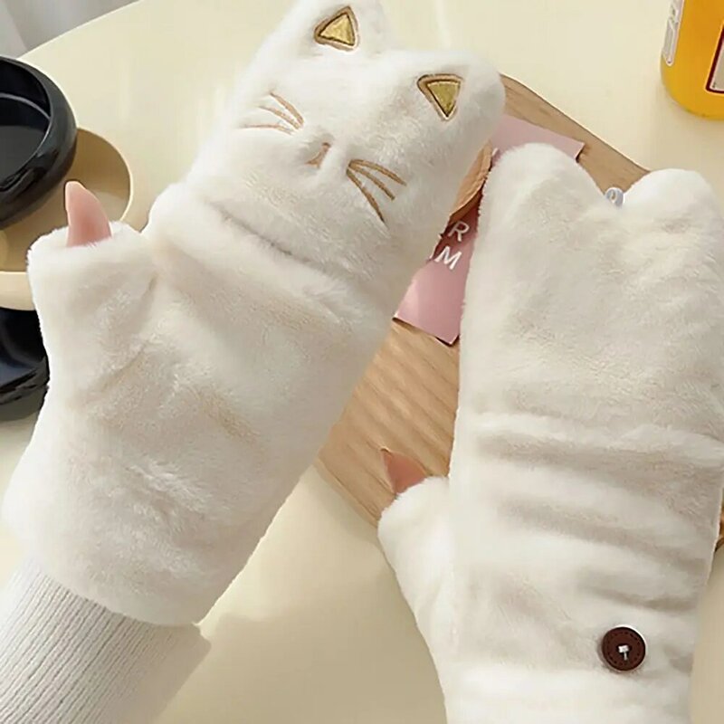 قفازات قطة مخملية منفوشة ، إصبع مكشوف ، نصف إصبع ، مقاومة للبرد ، سميكة ، دافئة ، لطيفة ، شتوية