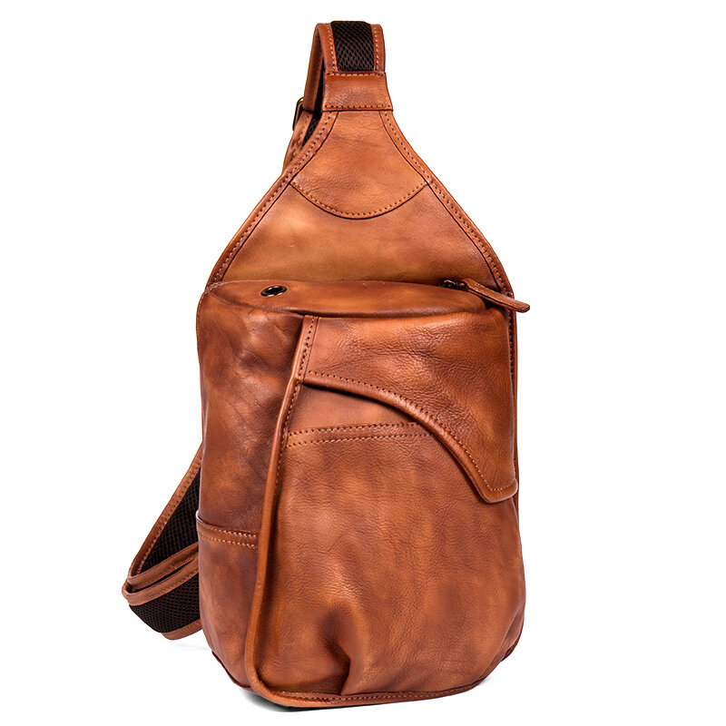 حقيبة الصدر الجلدية المصنوعة يدويا للرجال ، حقيبة كروسبودي ، حقيبة الكتف عادية ، حقيبة ركوب الدراجات الرياضية ، المد الرجعية