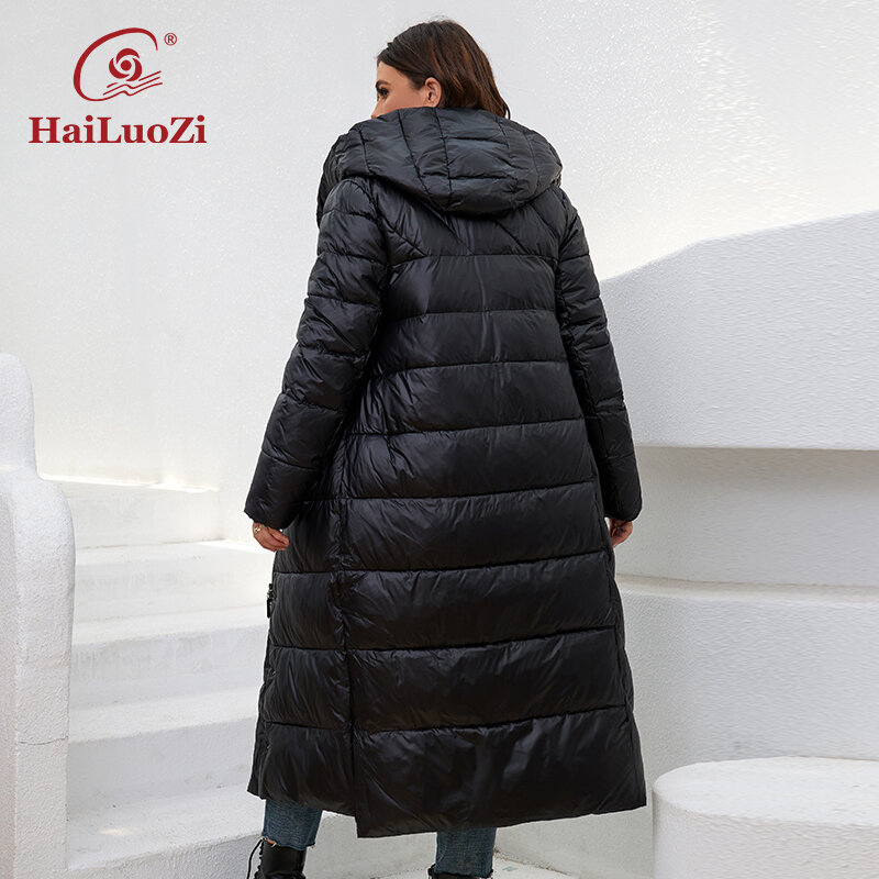 HaiLuoZi 2022 جديد شتاء المرأة الستر حجم كبير منتصف طول هود سميكة الدافئة سستة حزام الكلاسيكية عادية المرأة معطف سترات 6037