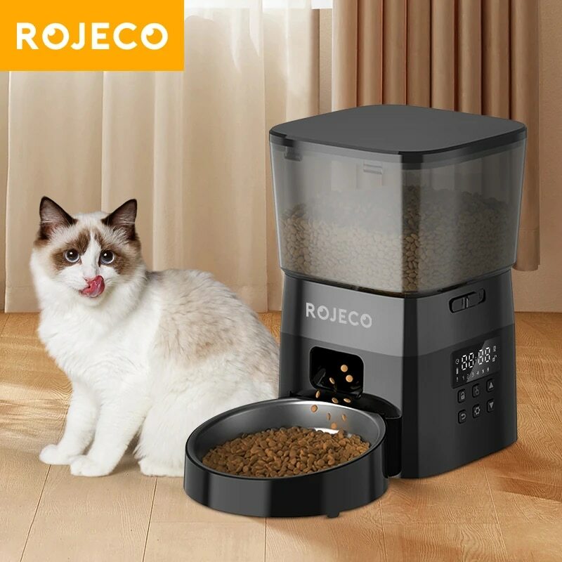 Rojeco جهاز تغذية الحيوانات الأليفة الأوتوماتيكي ، إصدار الزر ، موزع طعام القط الأوتوماتيكي ، إكسسوارات الطعام الجاف للكلاب ، تحكم ذكي