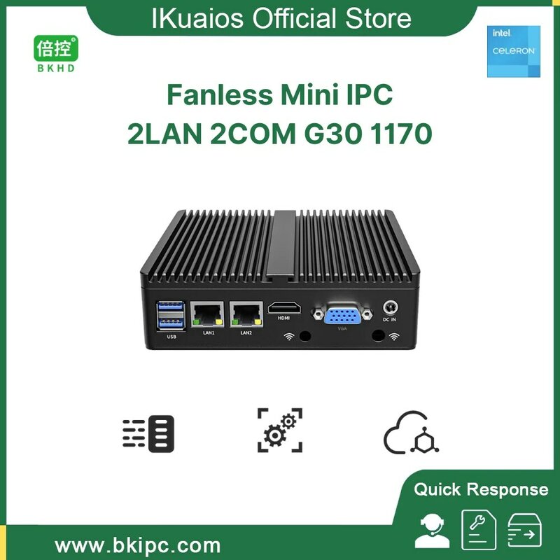 IKuaiOS بدون مروحة صغيرة IPC Contro الصناعي ، جمع بيانات يوت ، قبعة حمراء أوبونتو ، نوافذ 2x1G 2xCOM RS232 LAN-12 ، G30