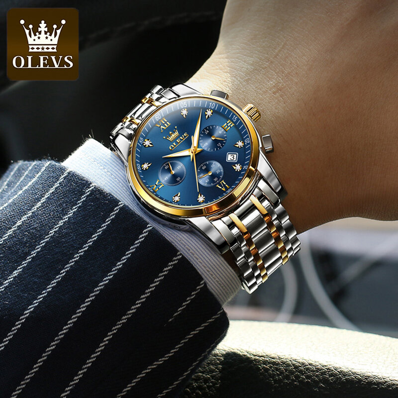 OLEVS-الفولاذ المقاوم للصدأ ساعة اليد للرجال ، مقاوم للماء ساعة كوارتز ، كرونوغراف الفاخرة ، مضيئة ، والأعمال التجارية ، وأعلى العلامة التجارية ، والأزياء