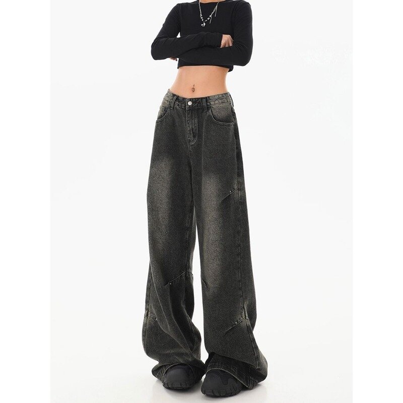 ديبتاون-بنطال جينز فضفاض أسود للنساء ، جينز عتيق ، ساق واسعة ، بنطلون هاراجوكو كوري ، ملابس الشارع القوطي ، الربيع في الولايات المتحدة ، Y2k ،