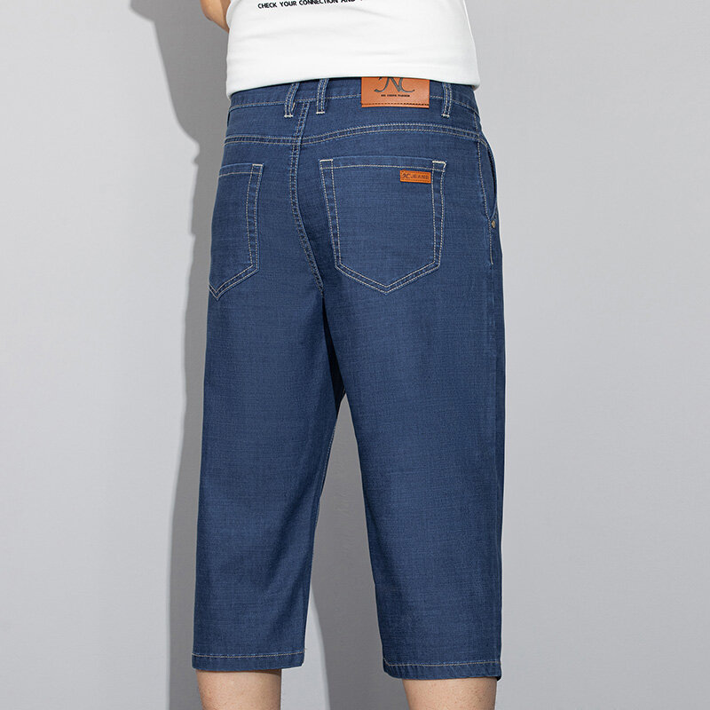 شورت جينز مطاطي من Lyocell للرجال ، جينز رفيع بطول الساق ، بنطلون قصير ، جينز قصير فضفاض ، علامة تجارية كلاسيكية غير رسمية للذكور ، الصيف
