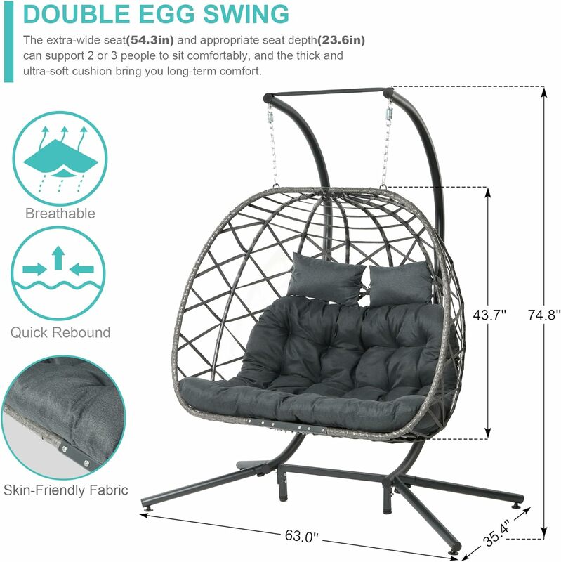 كرسي متأرجح معلق من الخوص مع حامل ، أرجوحة خارجية وداخلية ، أرجوحة داخلية كبيرة الحجم ، بيضة مزدوجة