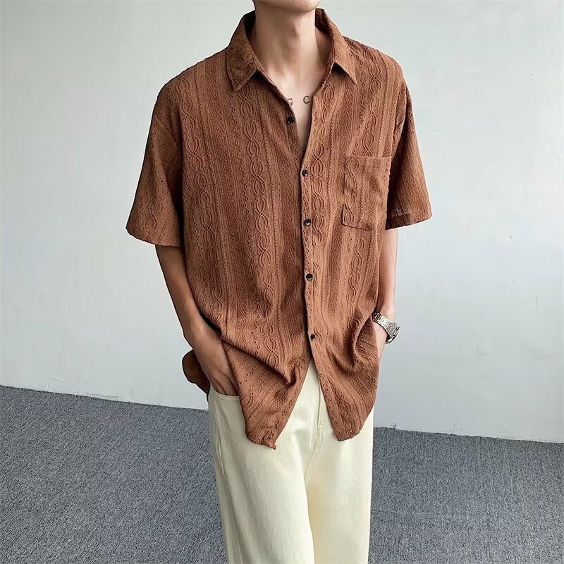 قمصان مجوفة يابانية عتيقة للرجال ، قميص بأكمام قصيرة ، تصميم عصري فضفاض ، لون واحد ، زر جيب ، Y2K ، صيف ، جديد