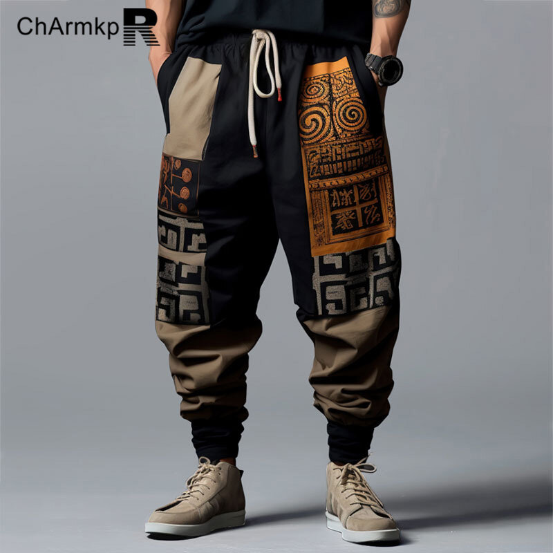 ChArmkpR-بنطال طويل بنمط للرجال ، خصر برباط ، بنطلون مرقع غير رسمي ، ملابس شارع ، كتلة ألوان ، 2XL ، 2XL ، 2XL ،