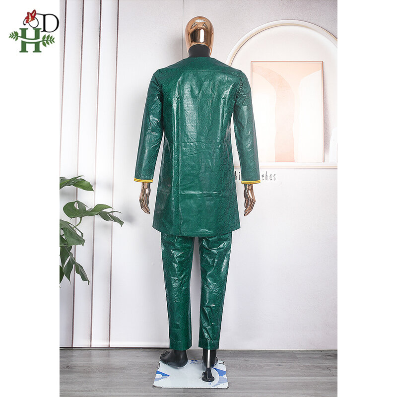 H & D الملابس الأفريقية للرجال تقليد الملابس الثراء بازان المطرزة 2 قطعة قميص مجموعة السراويل دعوى بازين الأخضر حفل زفاف