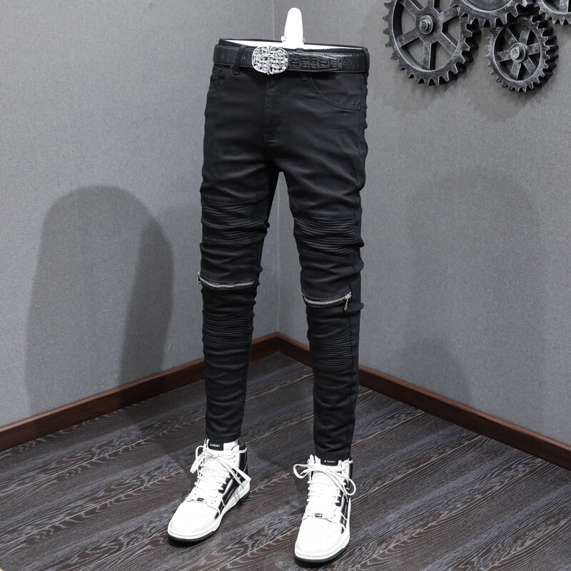 سراويل جينز سوداء مرنة ممزقة أنيقة للشارع ، بنطال جينز للرجال بتصميم الهيب هوب من قماش الدنيم