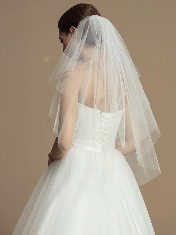 2 طبقات العروس الحجاب الزفاف قصيرة الإصبع الزفاف تول مشط وقطع حافة (أبيض)