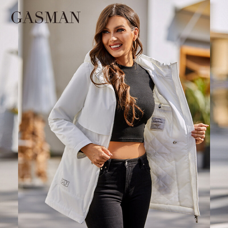 GASMAN 2022 المرأة خندق معطف سترة مضادة للرياح للنساء سترات عادية منتصف طول مقنعين تصميم الإناث القطن الملابس 8250