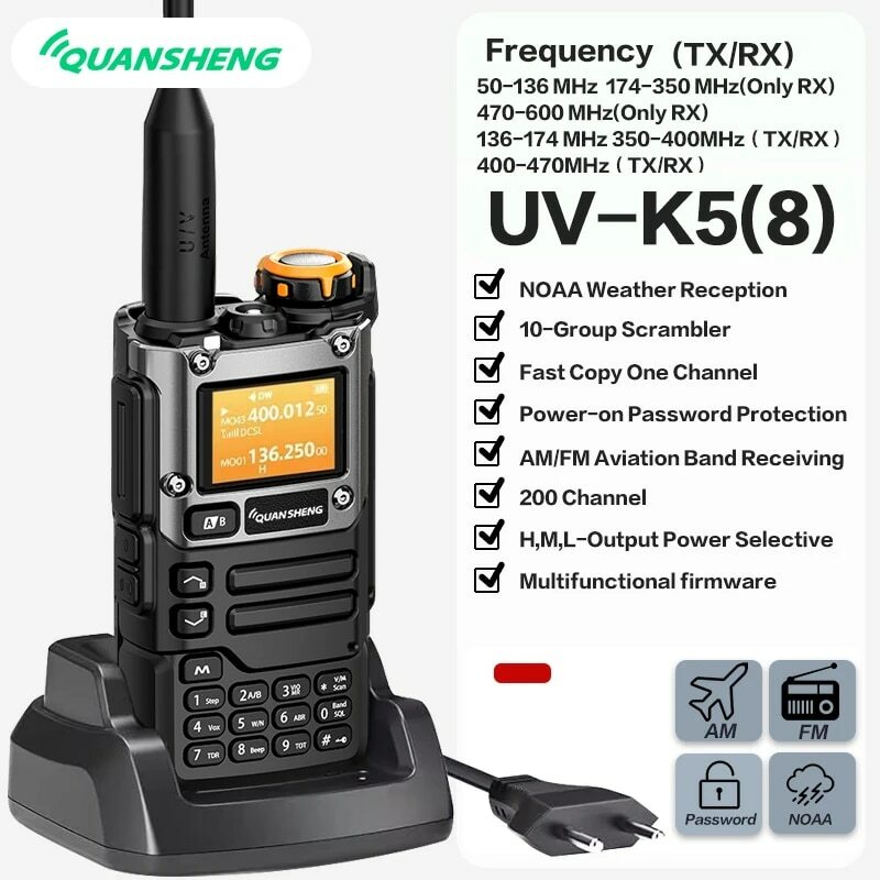 جهاز اتصال لاسلكي كوانشينج-فاي و K5 ، راديو النطاق الهوائي 5 واط ، شحن C ، UHF ، VHF ، DTMF FM ، تردد لاسلكي ، راديو CB ثنائي الاتجاه ، NOAA