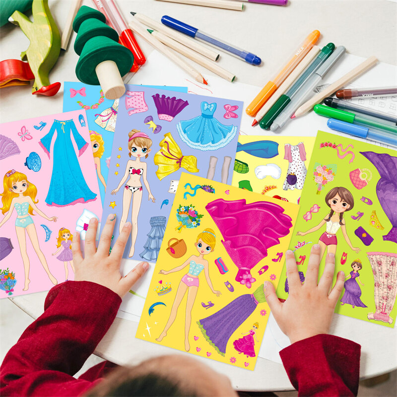 الأميرة فستان متابعة ملصقات للأطفال ، ملصقات DIY بها بنفسك ، خلق وجه لوحة لاصقة ، وجعل لغز الفتيات الخاصة بك ، لوازم حفلة بانوراما ، 6-24paper