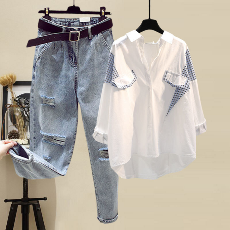 طقم جينز نسائي ضيق من قطعتين ، قميص على الطراز الغربي ، متعدد الاستخدامات ، موسم الربيع والخريف ، جديد ،