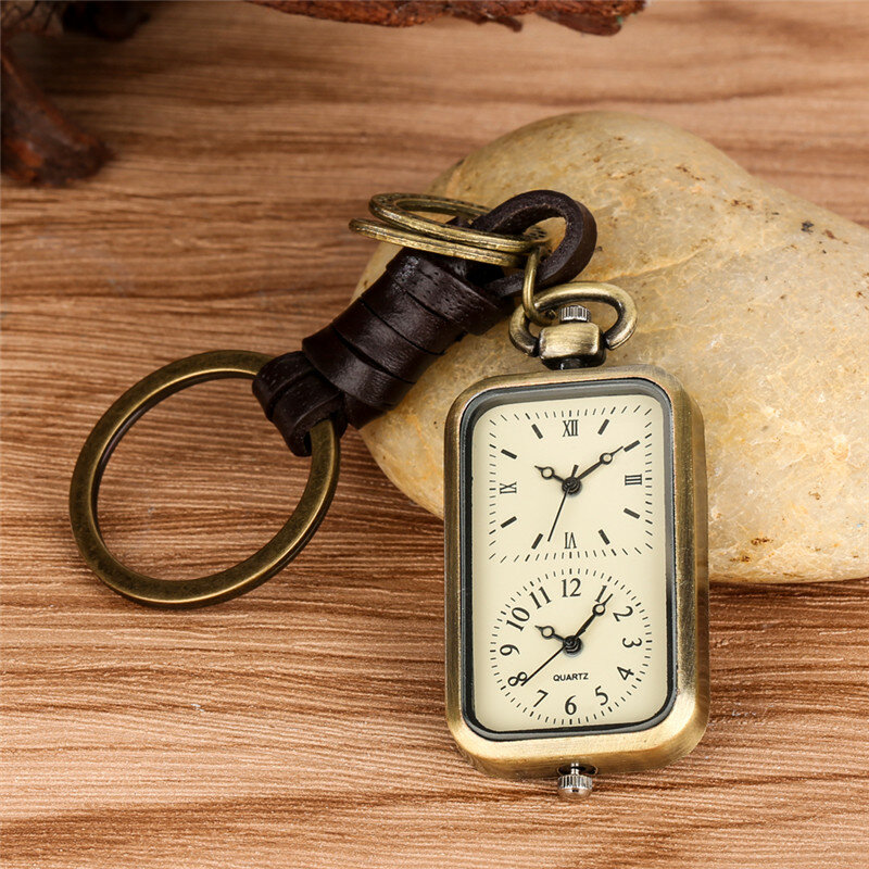 ساعة جيب كوارتز للرجال والنساء ، منطقة زمنية مزدوجة ، شكل مستطيلي ، قلادة تناظرية ، ساعة حلقة رئيسية ، موضة قديمة ، هدية