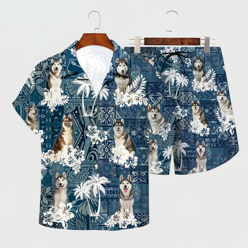 هاسكي هاواي مجموعة ثلاثية الأبعاد في جميع أنحاء مطبوعة هاواي قميص + شورتات للبحر الرجال للنساء مضحك الكلب ملابس الشمس