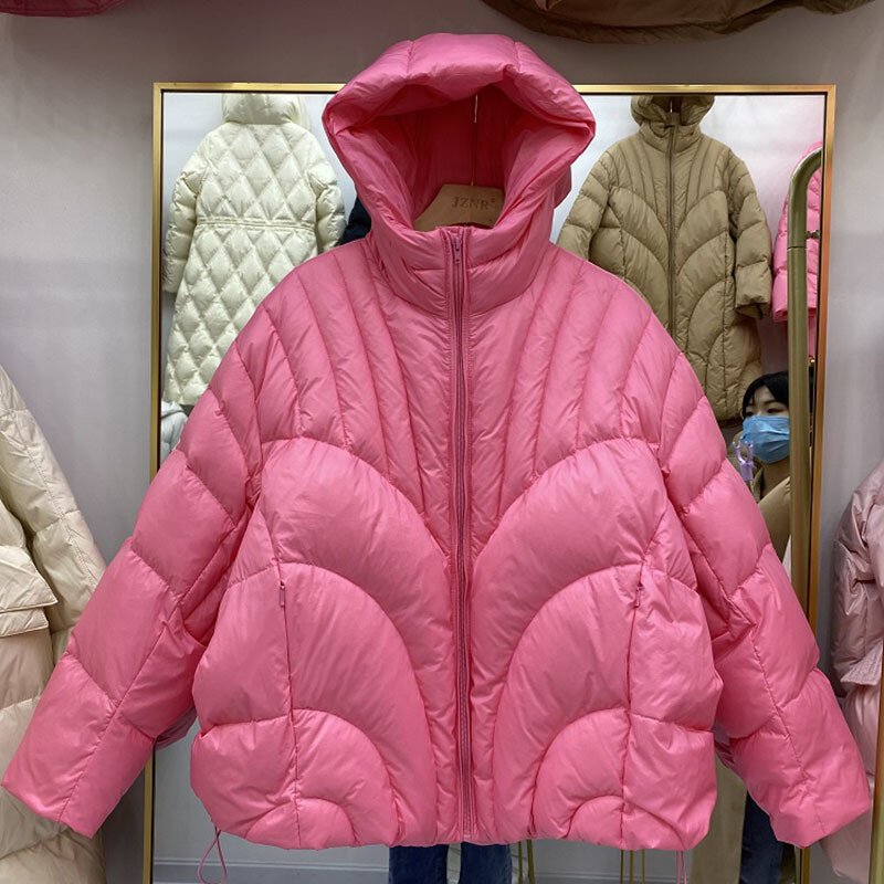 أحدث معطف فضفاض بطة الصلبة أسفل معطف المرأة الشتاء مقنعين طويلة الأكمام قصيرة البخاخ سترة خفيفة الوزن