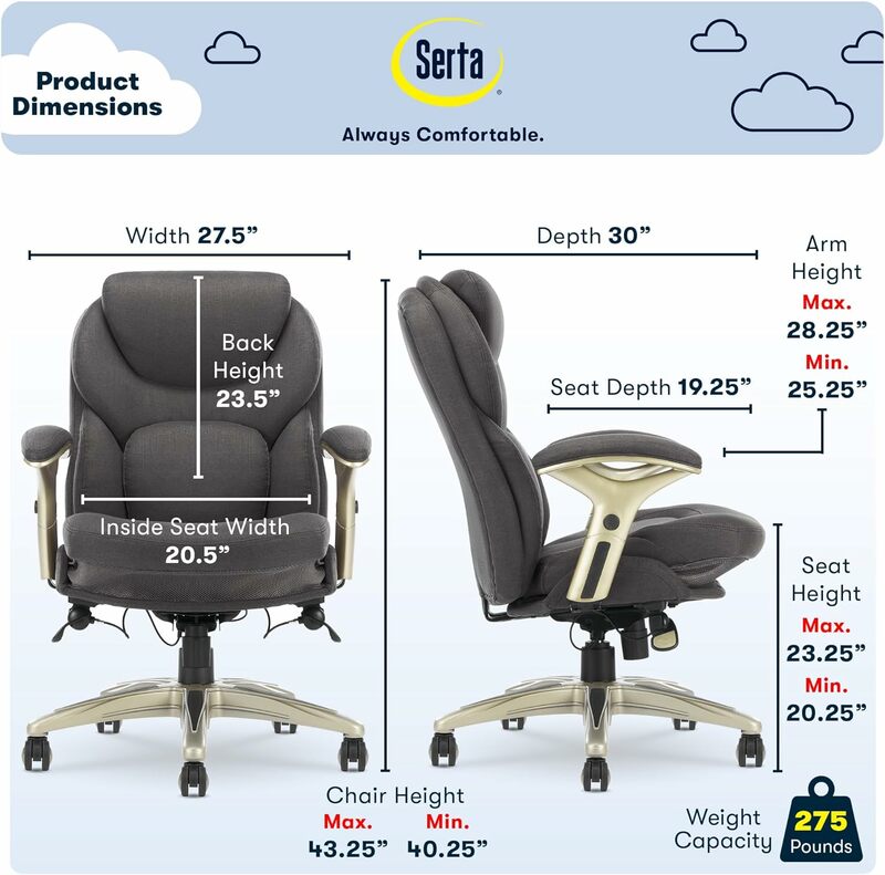 كرسي مكتب تنفيذي مريح من Serta ، تقنية الحركة ، تصميم منتصف الظهر قابل للتعديل ، دعامة قطنية ، قماش رمادي غامق