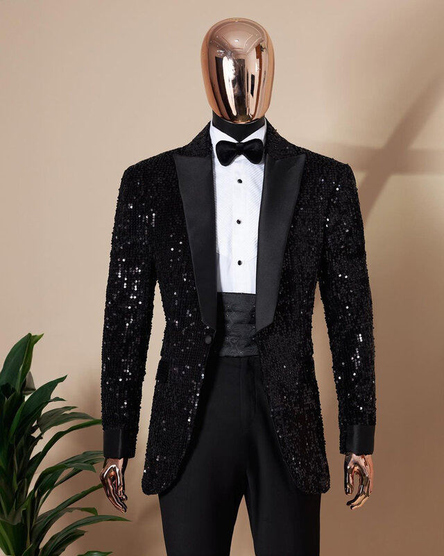 بدلة رجالي سباركلي مصممة من قطعتين مزينة بالترتر بنطلون أسود بزر واحد من الساتان لطية صدر السترة الرسمية بمقاس كبير
