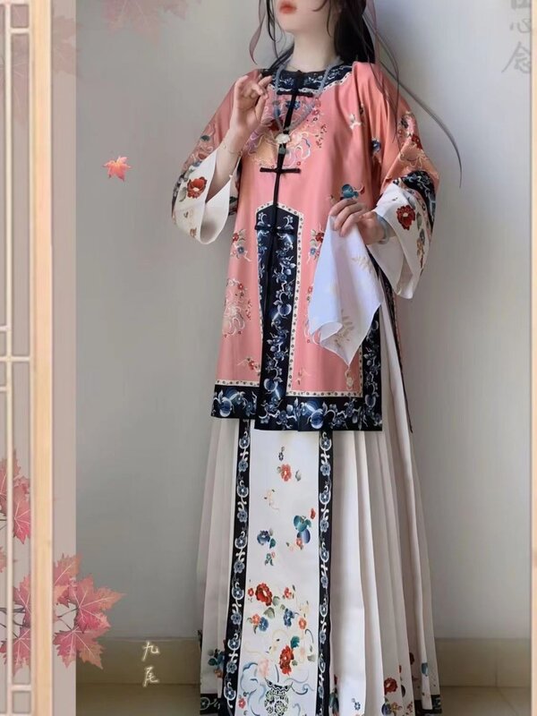 الصينية Hanfu الحصان الوجه تنورة للنساء ، والأزياء جوفاء ، والرقبة المستديرة Hanfu عباءة ، الآسيوية أعلى فساتين ، الوردي والأزرق ، التقليدية