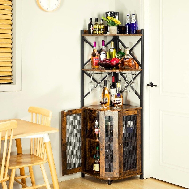 خزانة بار زاوية صناعية مع أضواء ليد ، خزانة نبيذ مع حامل زجاجي ، رف قابل للتعديل ، 5 طبقات