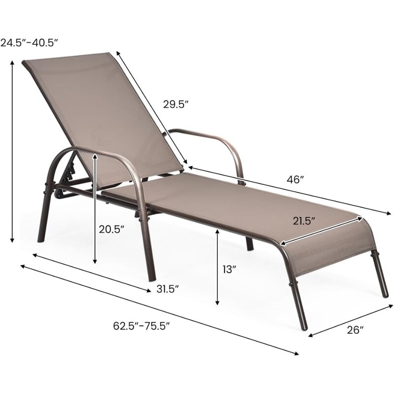 كرسي صالة خارجي مع 5 مسند ظهر قابل للتعديل ، إطار فولاذية قوي ، كرسي صالة