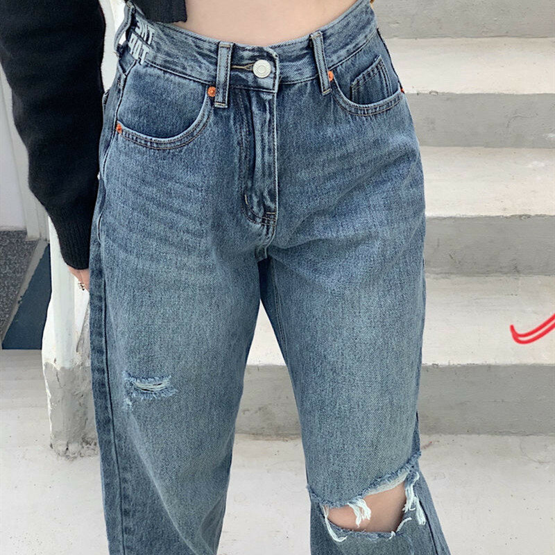 بنطلون نسائي جينز مستقيم ممزق طويل الطول بنطلون نسائي جينز نسائي واسع الساق موضة 2022 سراويل نسائية من قماش الدنيم Yk2 ملابس