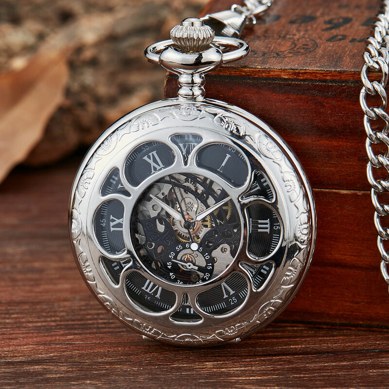 خمر الفضة الميكانيكية اليد الرياح جيب الساعات الأزرق الأرقام الرومانية الهاتفي الميكانيكية ساعة الوجه الرجال على مدار الساعة مع سلسلة فوب
