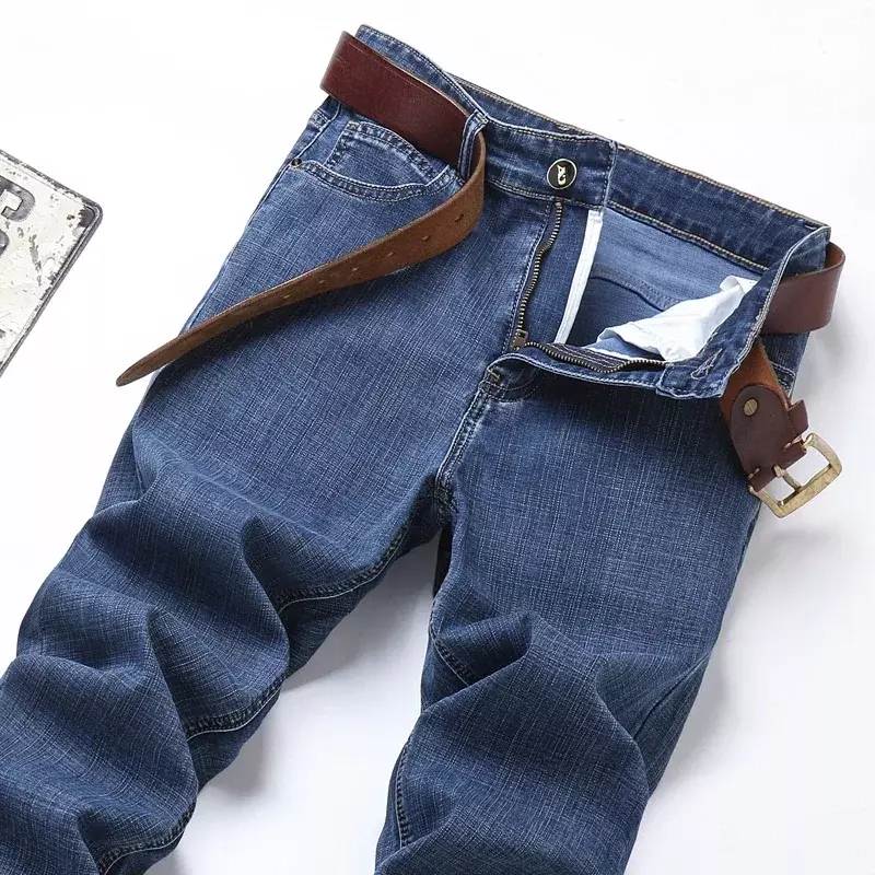 سراويل جينز مطاطية زرقاء خفيفة للرجال ، سراويل غير رسمية ، نحيفة ، رقيقة ، قطن ، ريترو ، موضة رجالية ، علامة تجارية ، جديدة