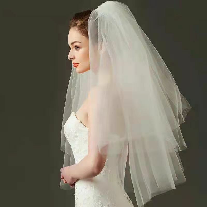 طرحة زفاف رسمية للعروس ، غطاء رأس بسيط للعروس ، مشط أبيض عاجي ، إكسسوارات لنوفيا ، طبقتان