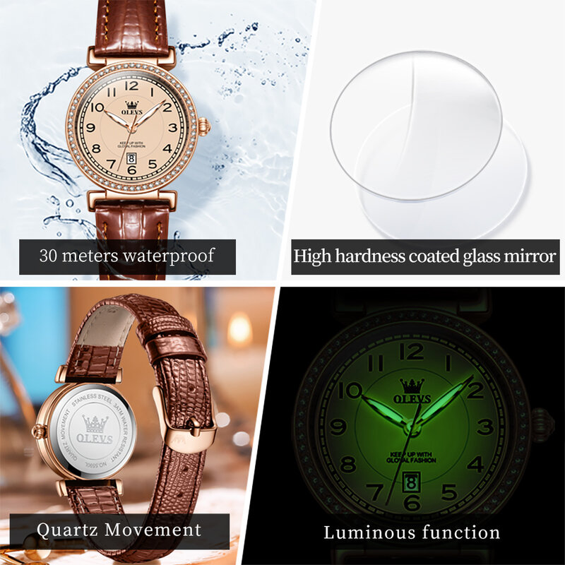 ساعة كوارتز ماسية للنساء من OLEVS ، حزام جلدي ، مقاومة للماء ، أيدي مضيئة ، تقويم ، فاخر ، علامة تجارية جديدة ، موضة