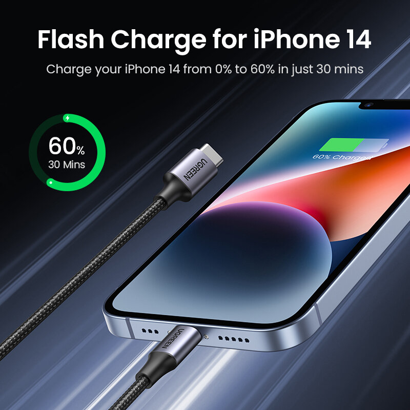 كابل USB C إلى Lightning بقوة 20 واط من UGREEN MFi لهواتف iPhone 14 13 12 11 Pro Max للشحن السريع كابل من النوع C لشحن هواتف iPhone وipad
