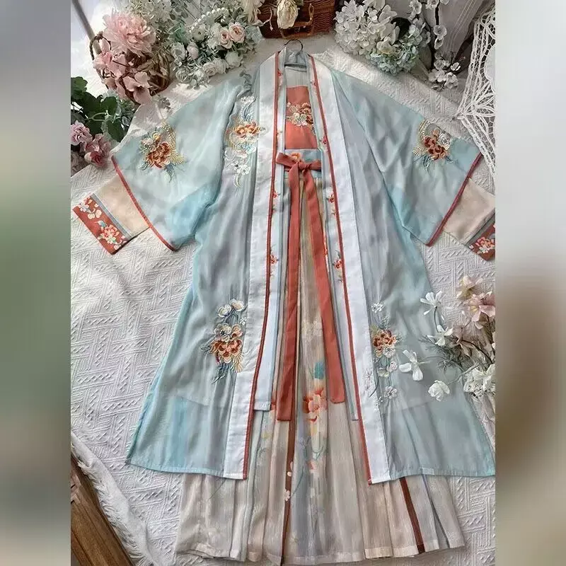 فستان هانفو الصيني التقليدي المطرز للنساء ، زي تنكري خرافي ، بيج وأزرق ، مجموعات قديمة ، مقاس كبير ، XL