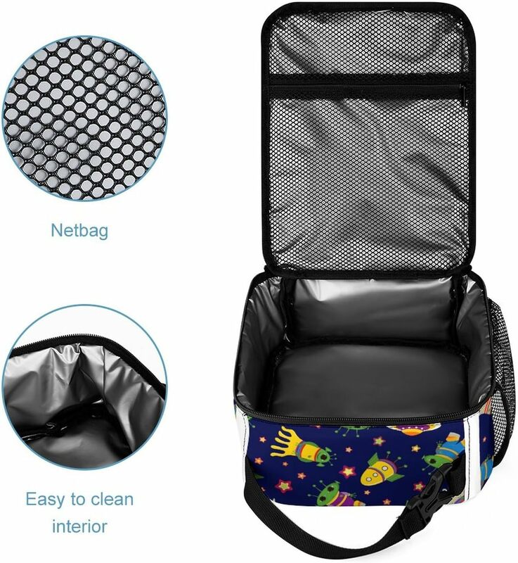 حقيبة الغداء المحمولة المعزولة القابلة لإعادة الاستخدام مع جيب جانبي للأطفال ، الأجانب الكونيين اللطيف ، الفضاء الملون ، UFO الصغيرة